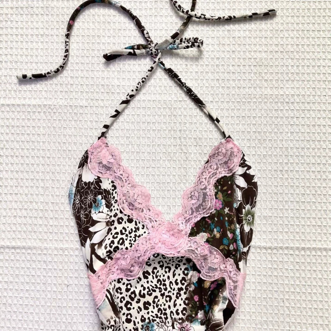 Damen Verspieltes Haltertop mit floralem und Leopardenmuster EB