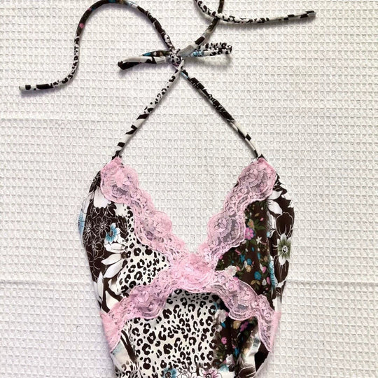 Damen Verspieltes Haltertop mit floralem und Leopardenmuster EB