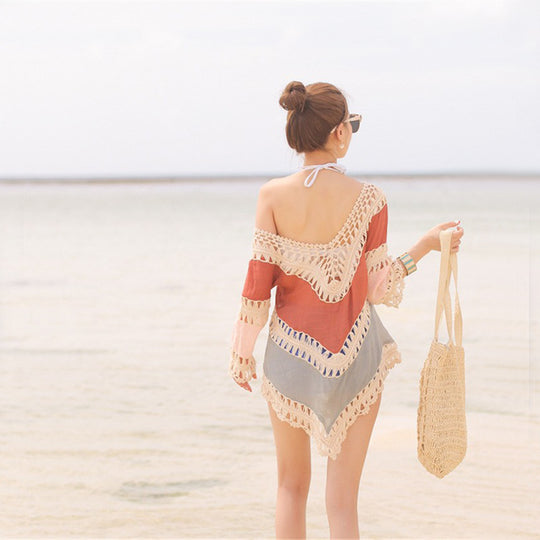 Damen Strandtunika mit elegantem Häkelbesatz und offenem Rückenausschnitt EB