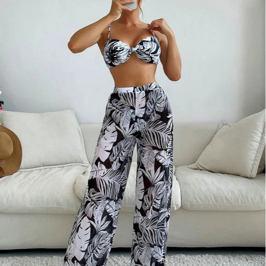 Damen Badeoutfit mit floralem Oberteil und transparenten Palazzohosen EB
