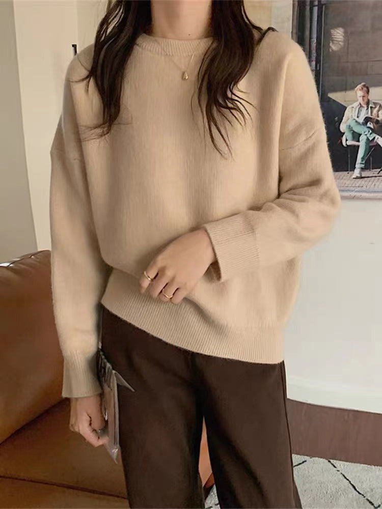 Damen Hochwertiger Strickpullover mit klassischem Rundhalsausschnitt und lässigem Schnitt EB
