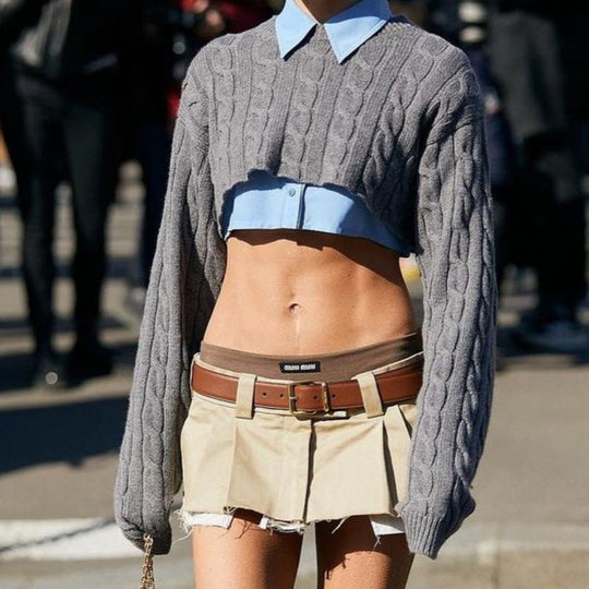 Damen lässiger Crop-Pullover mit Zopfmuster EB