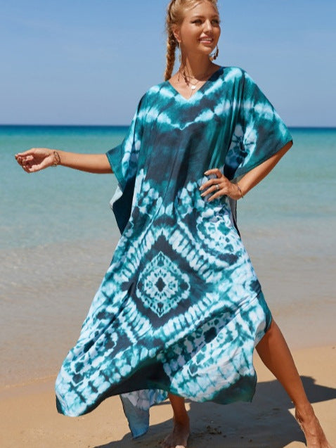 Damen Strandkleid mit V-Ausschnitt und einzigartigem Batikmuster EB