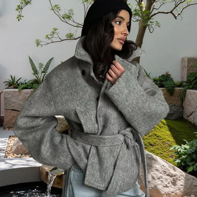 Damen Oversized Wollmantel mit Gürtel EB