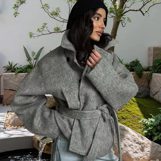 Damen Oversized Wollmantel mit Gürtel EB