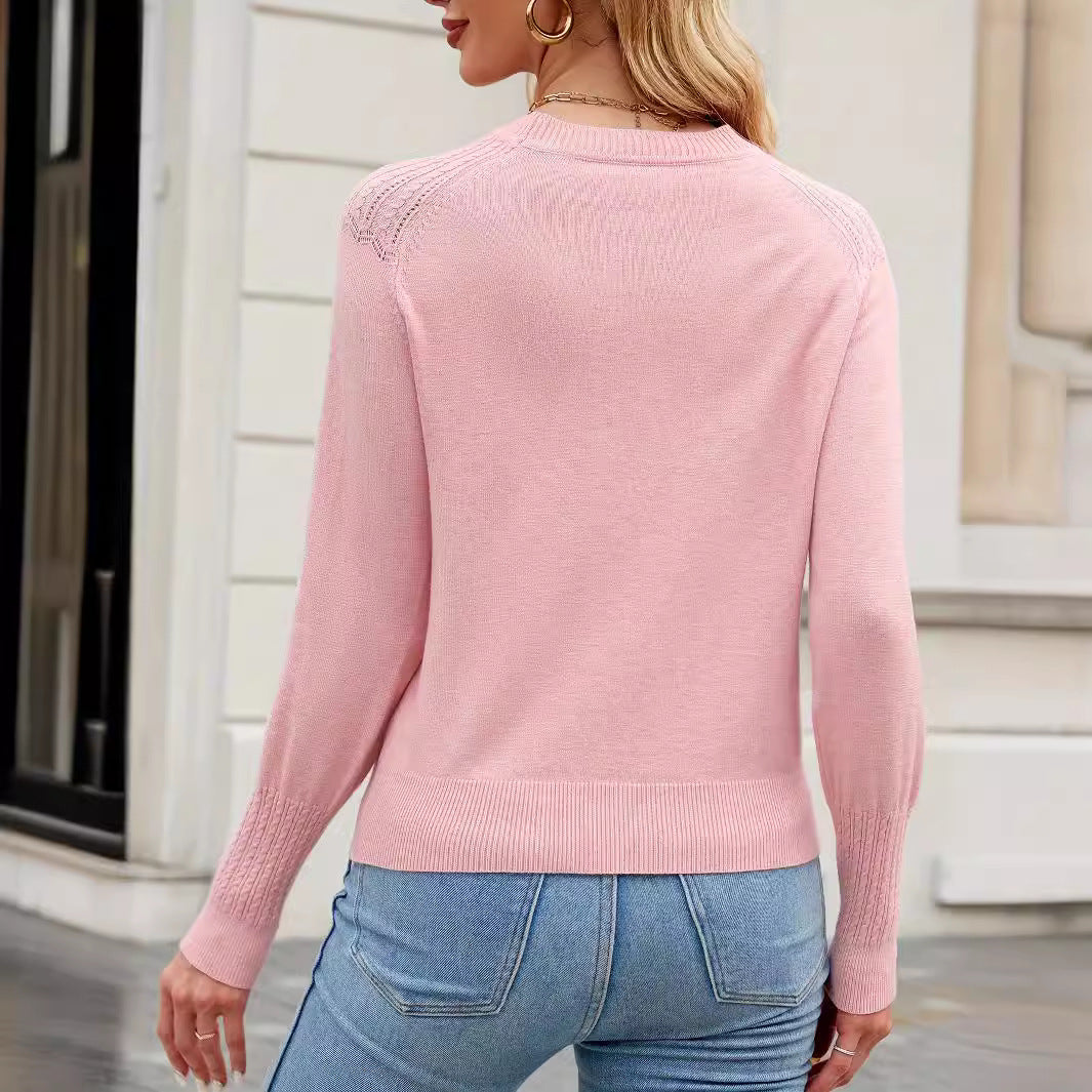 Damen eleganter Strickpullover mit kunstvoller Spitzenstruktur und elegantem Rundhalsausschnitt EB