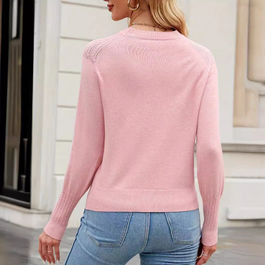 Damen eleganter Strickpullover mit kunstvoller Spitzenstruktur und elegantem Rundhalsausschnitt EB