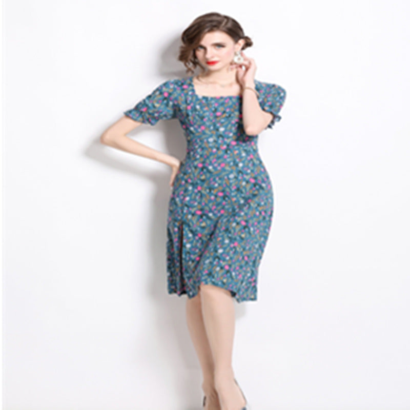 Damen Midikleid mit floralem Druck und seitlichem Schlitz EB