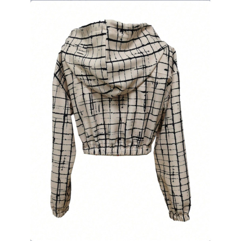 Damen stylische kurz geschnittene Jacke mit geometrischem Muster und moderner Kängurutasche EB