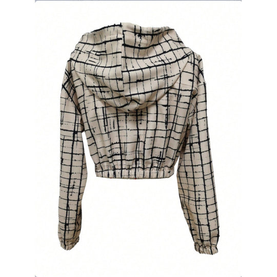 Damen stylische kurz geschnittene Jacke mit geometrischem Muster und moderner Kängurutasche EB