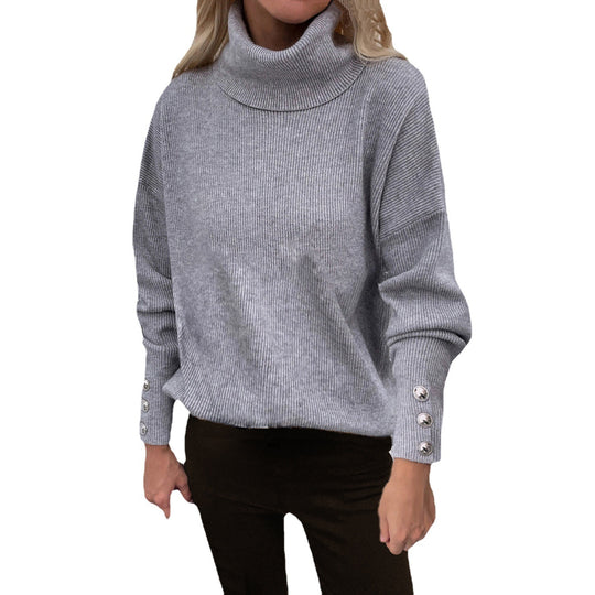 Damen Grobstrickpullover mit Rollkragen und Knopfdetail EB