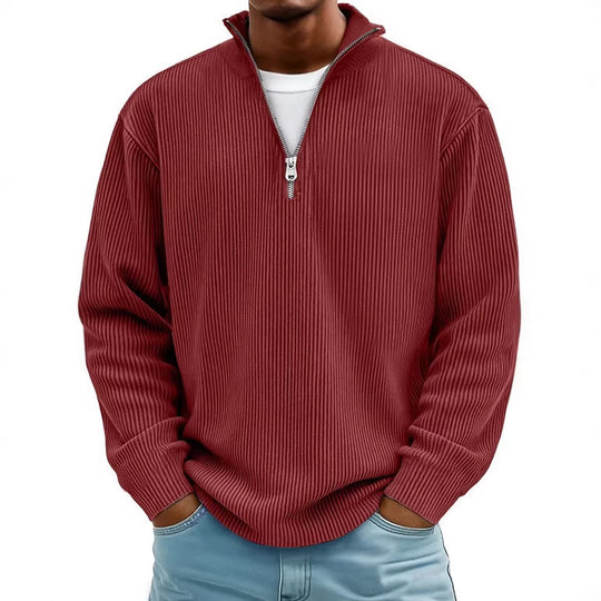 Herren nan gerippter Strickpullover mit halbem Reißverschluss und Stehkragen EB