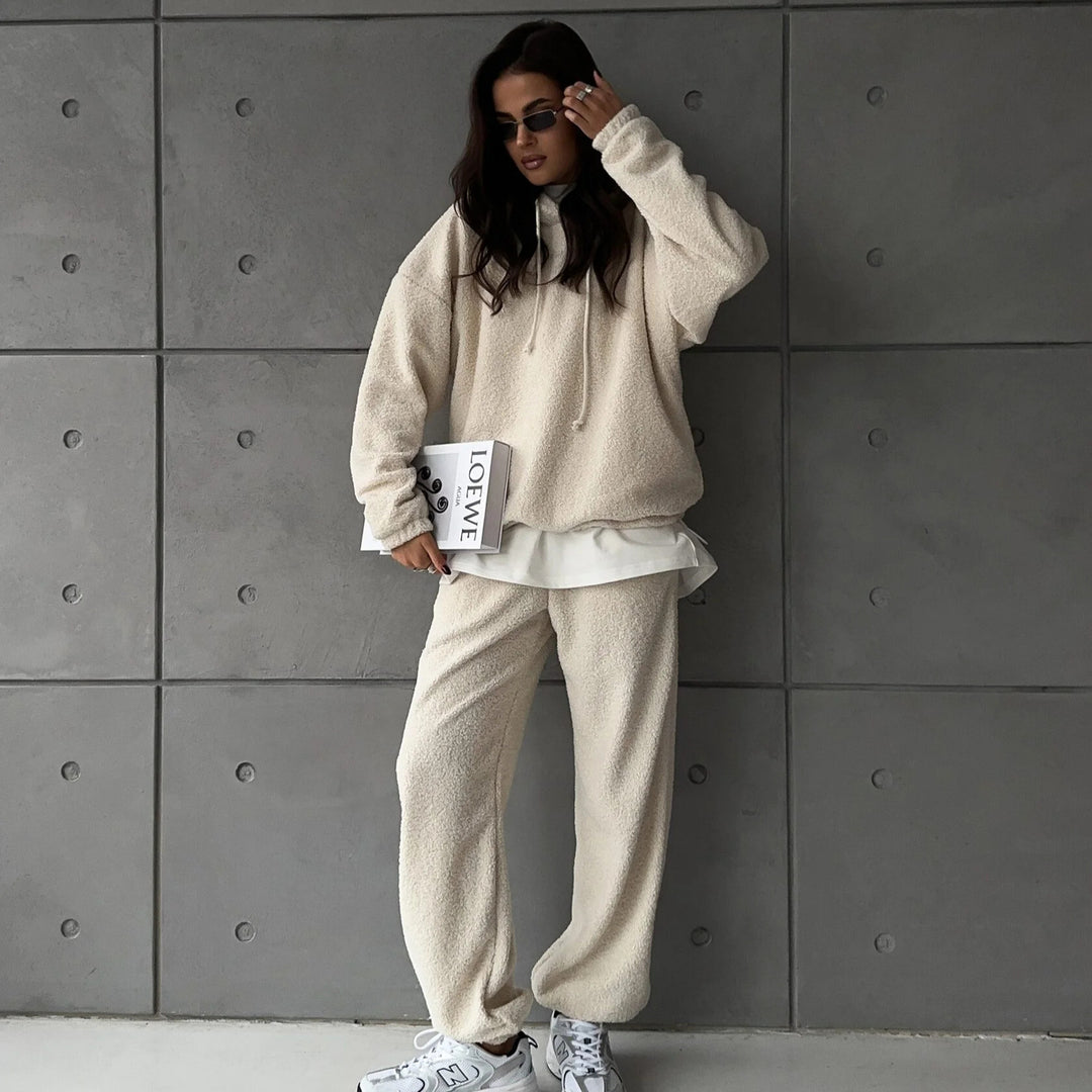 Damen Kuscheliges Sherpa-Loungewear-Set mit Oversized-Kapuzenpullover und weiten Bündchenhosen EB
