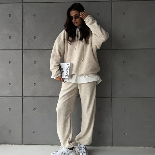 Damen Kuscheliges Sherpa-Loungewear-Set mit Oversized-Kapuzenpullover und weiten Bündchenhosen EB