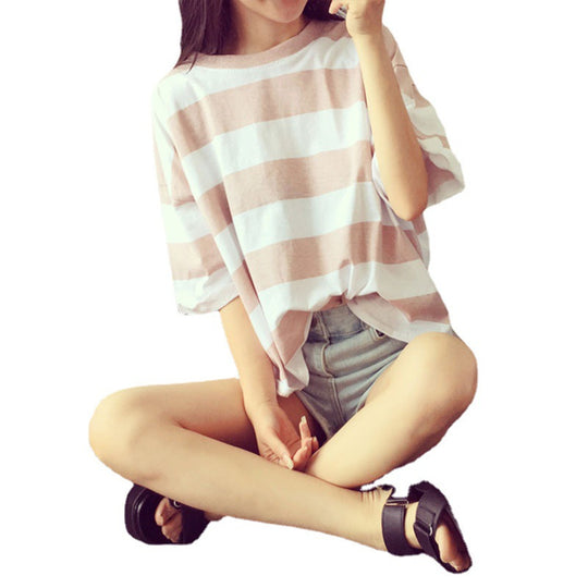 Damen gestreiftes Oversize-T-Shirt aus leichtem Baumwollmix EB