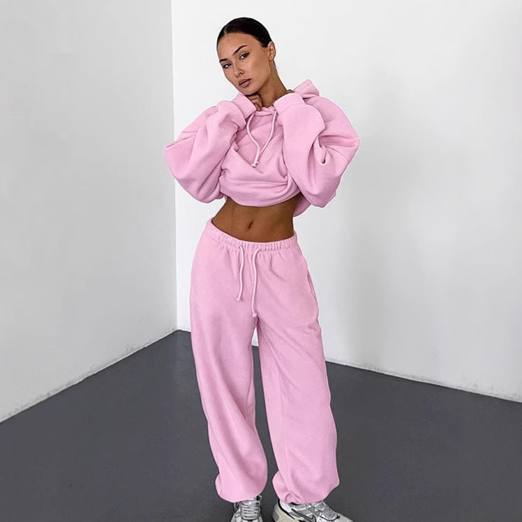 Damen Fleece Lounge-Set mit weiten Beinen und Kapuze EB