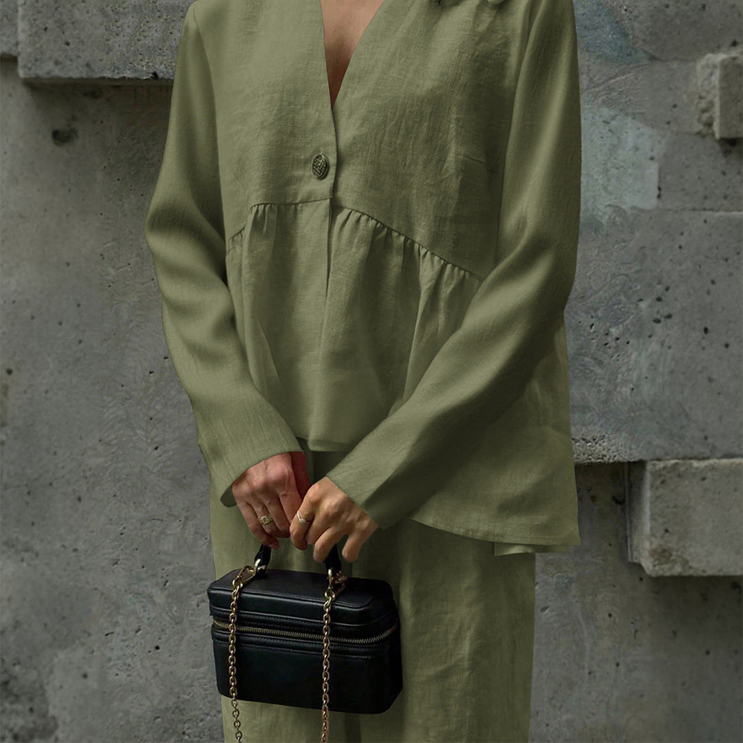 Damen nan legeres Leinenmix-Zweiteiler mit V-Ausschnitt Peplum-Bluse, Einknopfleiste und weitem Palazzo-Hosenbein EB