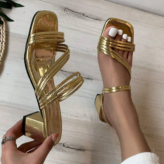 Damen nan elegante Mehrfachriemen-Mule mit mittelhohem Blockabsatz und Schlangenprägung EB