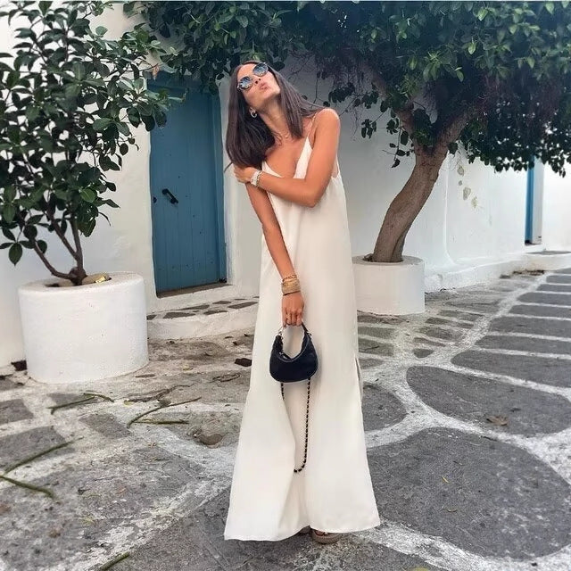 Damen Maxikleid mit seitlichem Schlitz und modernen Trägern EB
