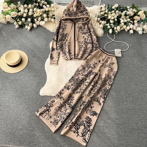 Damen modisches Freizeit-Lounge-Set mit Kapuze und floralem Muster EB