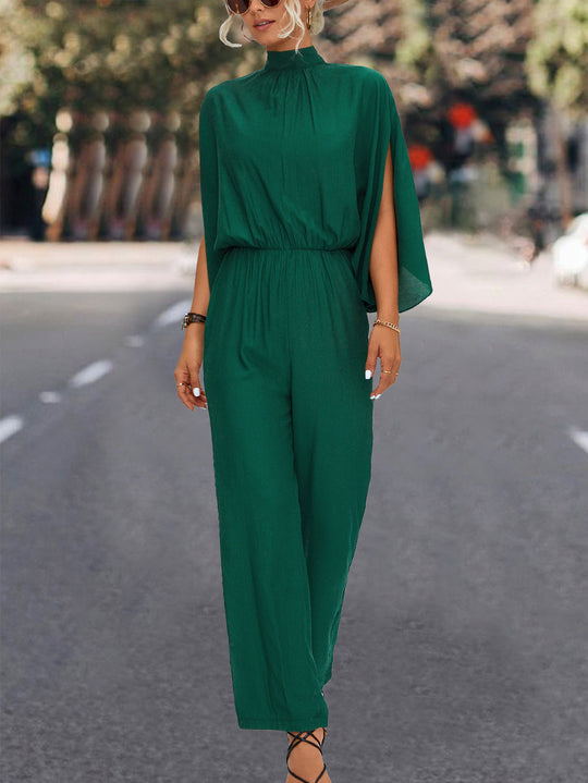 Damen Eleganter Jumpsuit mit fließendem Cape-Design und hochgeschlossenem Ausschnitt EB