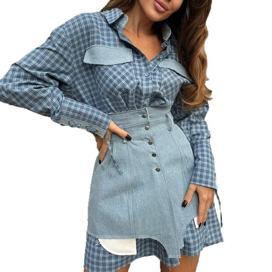 Damen modisches Hemdblusenkleid mit Denim-Elementen EB