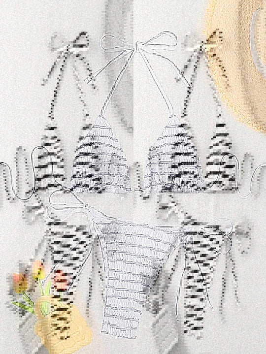Damen Triangel-Bikini mit feinem Streifenmuster und raffinierten Bindebändern EB
