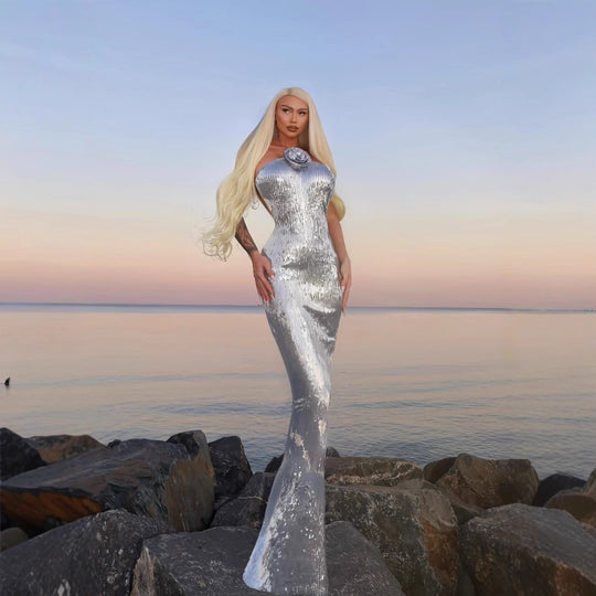 Damen glamouröses Pailletten-Maxikleid mit elegantem Stehkragen EB