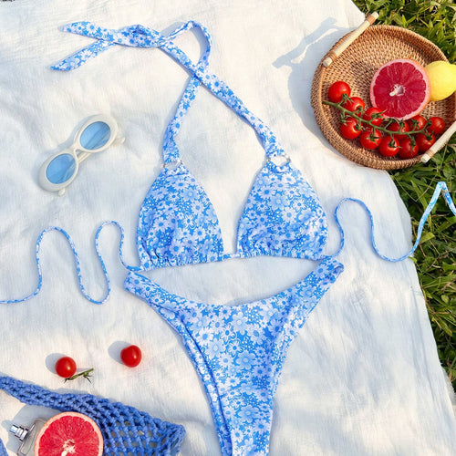 Damen Triangel-Bikini mit verspieltem Blumendesign und modischen Bindebändern EB