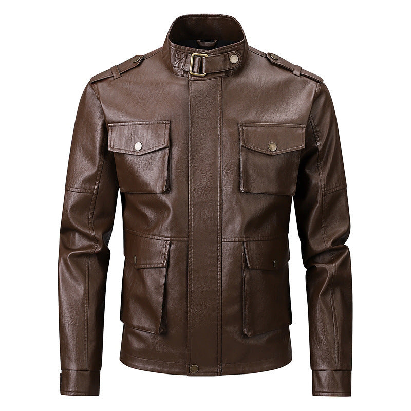 Herren Militärjacke aus Kunstleder mit praktischen Taschen und hohem Kragen EB