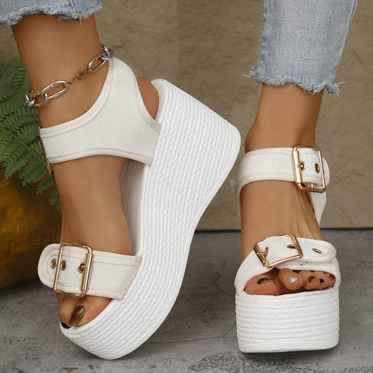 Damen nan Espadrille-Plateau-Sandalette mit textilen Riemen, großen Metallschnallen und gepolstertem Komfortfußbett EB