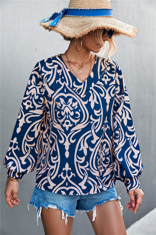 Damen Bluse mit elegantem Barockmuster und lässigen Puffärmeln EB