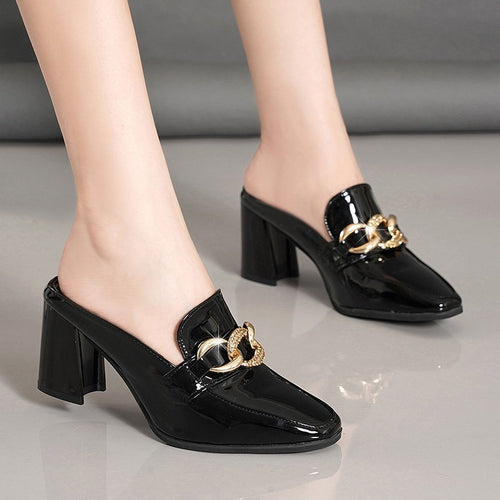 Damen Klassische Mules mit glitzerndem Schnallen-Detail und komfortablem Blockabsatz EB
