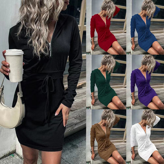 Damen Kapuzenkleid mit Reißverschluss und Taillenzug EB
