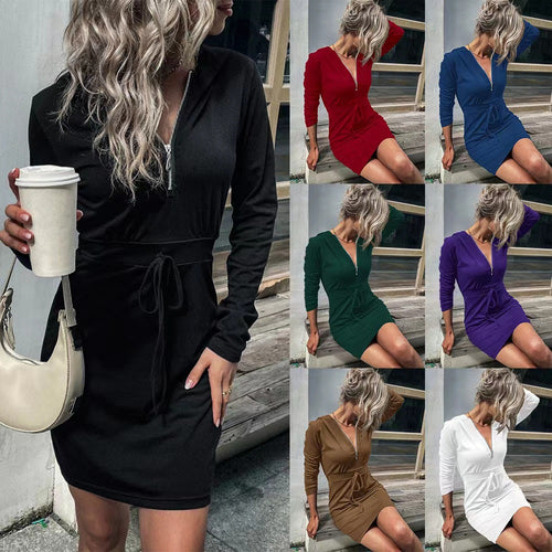 Damen Kapuzenkleid mit Reißverschluss und Taillenzug EB