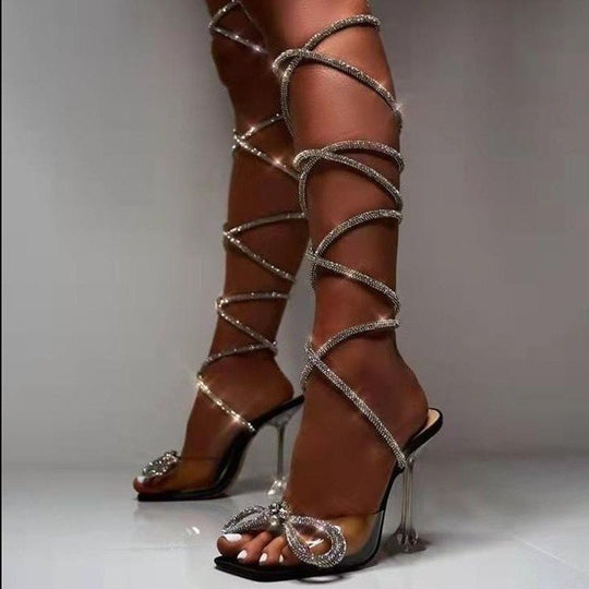 Damen Durchsichtige Absatzsandalen mit funkelndem Riemendesign und Schleifenakzent EB