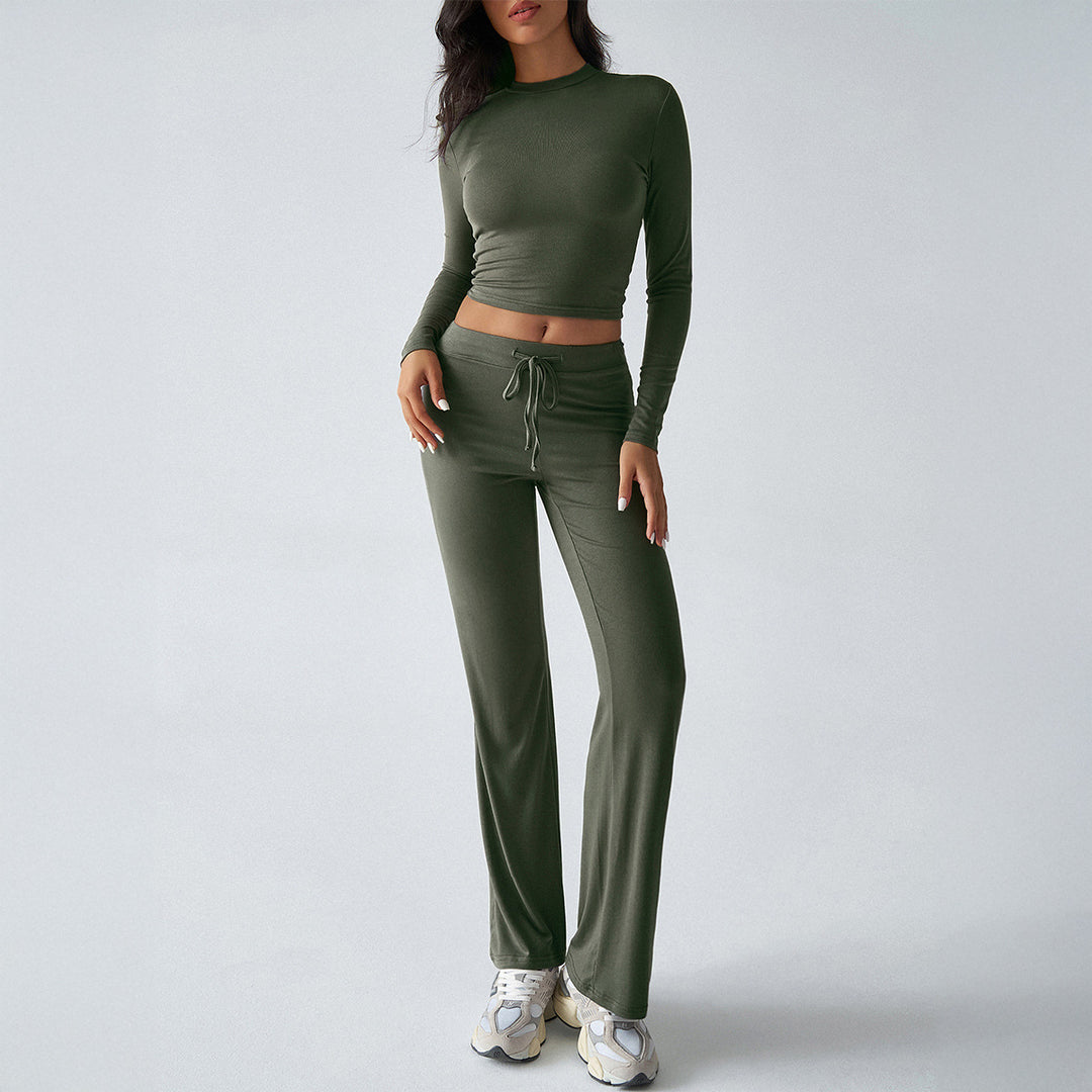 Damen nan tailliertes Longsleeve-Crop-Top und weite Lounge-Hose im Zweiteiler-Set aus Stretchjersey EB