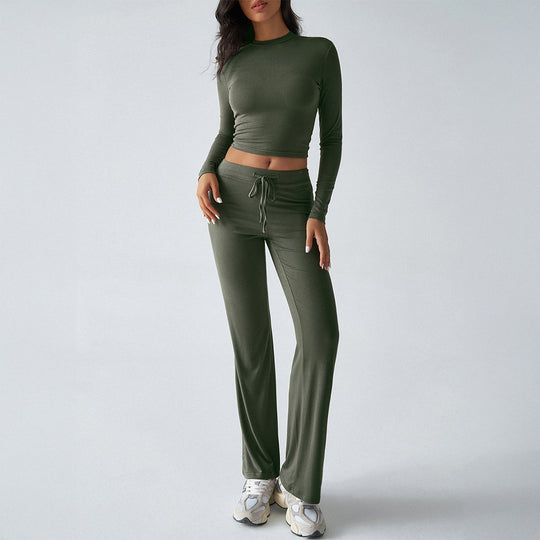Damen nan tailliertes Longsleeve-Crop-Top und weite Lounge-Hose im Zweiteiler-Set aus Stretchjersey EB