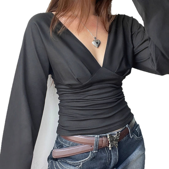 Damen nan figurbetontes Langarm-Top mit tiefem V-Ausschnitt, Nackenband zum Binden und taillierter Silhouette EB