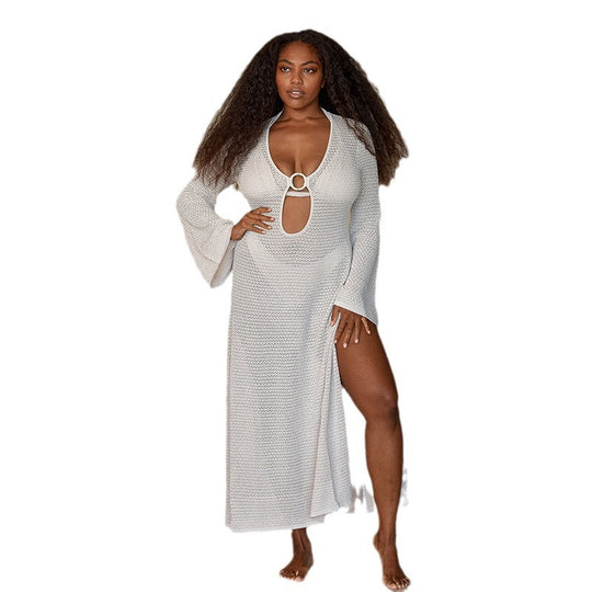 Damen Netz-Strandkleid mit tiefem V-Ausschnitt und einzigartigem Ringdetail EB