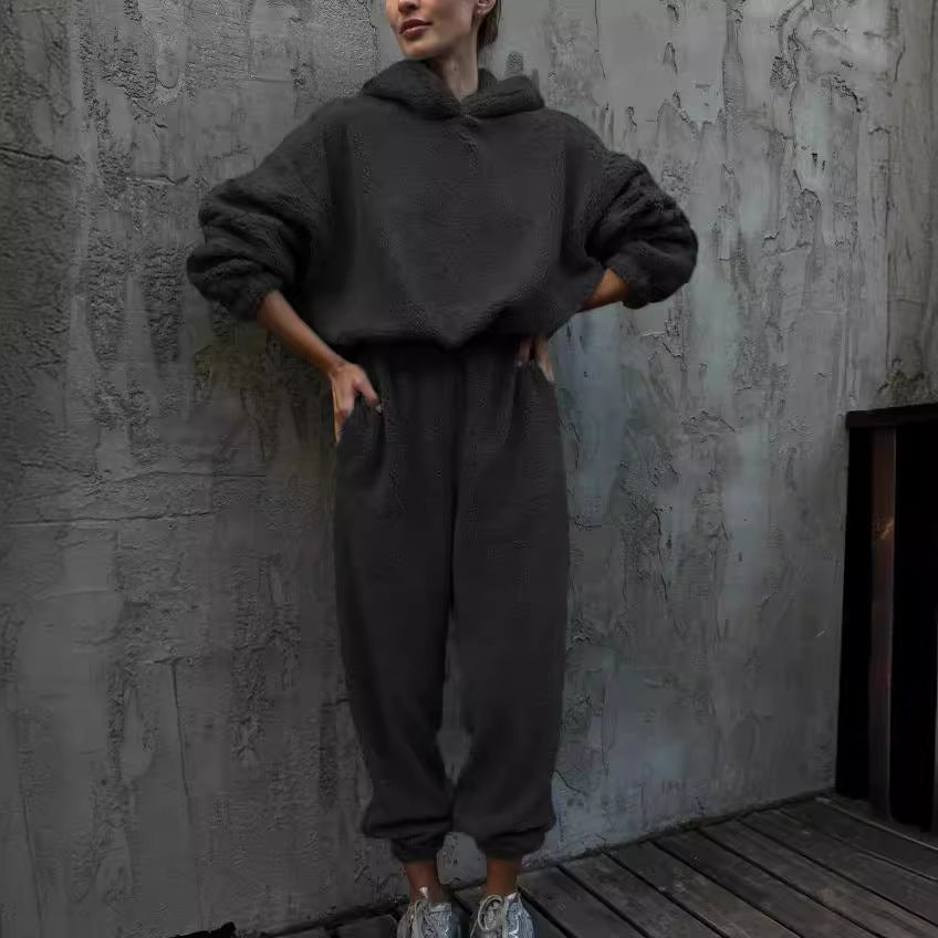 EB | Loungewear Set Fleece Hoodie und Hose Hohe Taille Lockere Passform