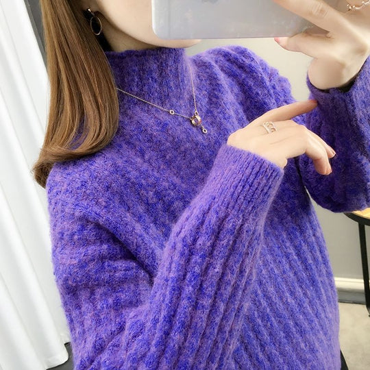 Damen Strickpullover im modernen Rippdesign mit hohem Kragen und lässigen Ärmeln EB