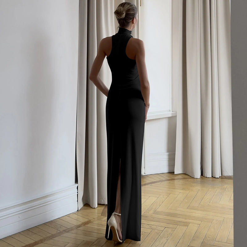 Damen elegantes langes Abendkleid mit halbem Kragen und edlen Akzenten EB