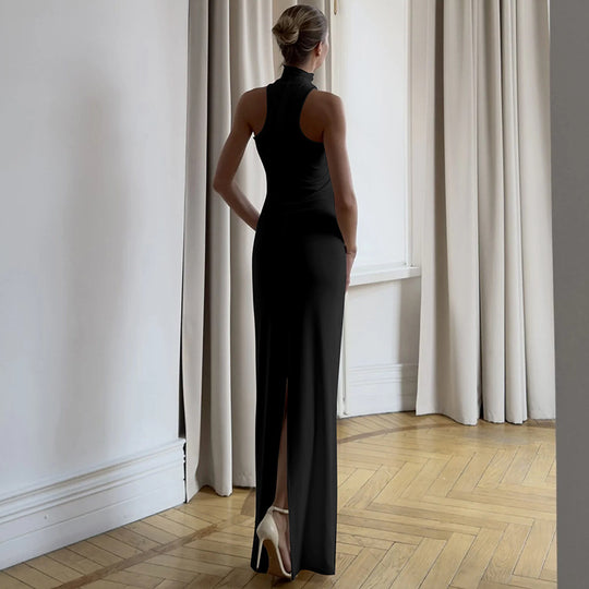 Damen elegantes langes Abendkleid mit halbem Kragen und edlen Akzenten EB