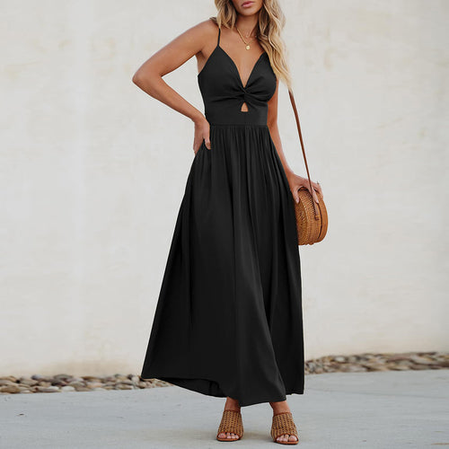 Damen Maxikleid mit raffinierter Knopfdetail und elegantem tiefem Ausschnitt EB