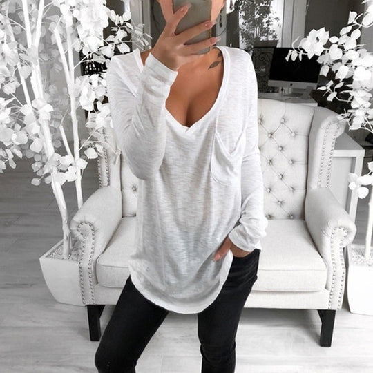 Damen Lässige Oversize Tunika mit V‑Ausschnitt, Brusttasche und verlängertem Saum EB