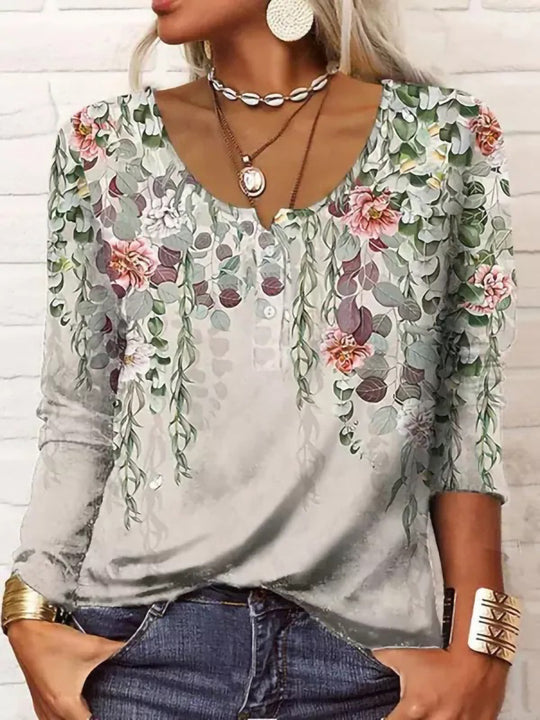 Damen Boho-Tunika mit floralen Hängeranken, V-Ausschnitt und dreiviertelärmeln EB