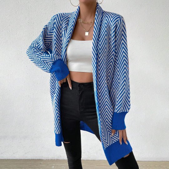 Damen langärmlige Strickjacke im modernen Chevron-Design EB
