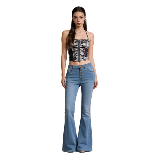 Damen Schlagjeans mit bunten Knopfdetails und hohem Bund EB