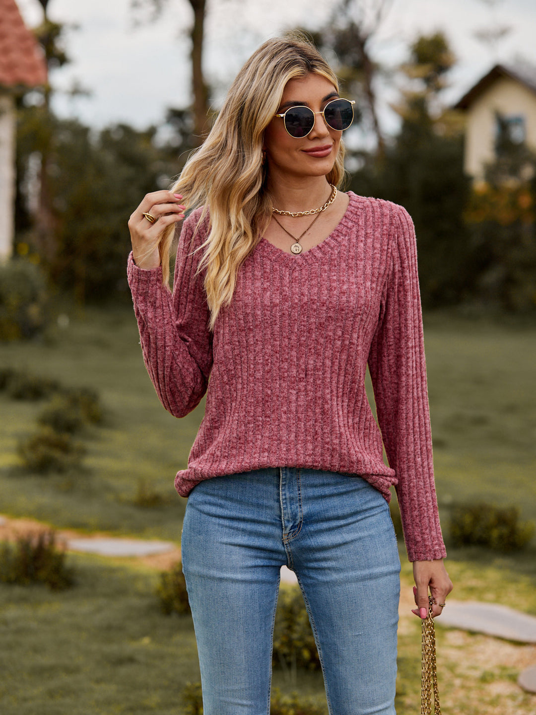 Damen Wohlfühlpullover mit geripptem Design und V-Ausschnitt EB